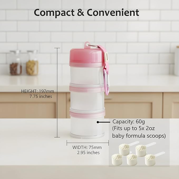 Formula Container to Go – Baby Essentials, Stackable Formula Dispenser for Night Feedings, Snacks and More – 2 Pack, by KiKo (Pink)