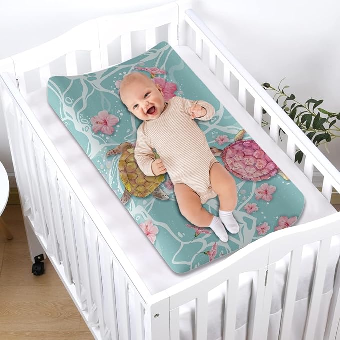 Stretchy Changing Pad Cover, Tropical Floral Hibiscus Turtle Soft Changing Pad Sheets, Unisex for Boys Girls, for Standard Changing Tables