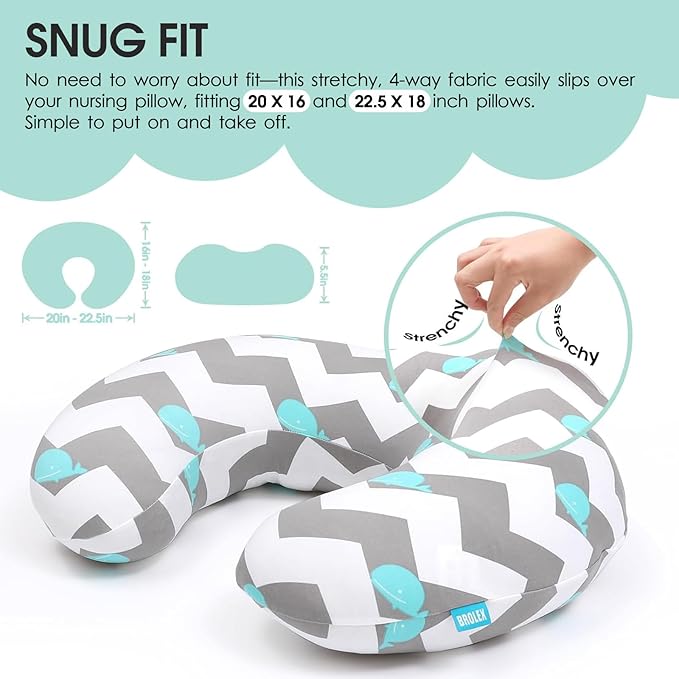 BROLEX Baby Nursing Pillow Covers: 2-Pack Soft Slipcovers for Breastfeeding Pillows - Comfortable Fabric, Fits Standard Nursing Pillows for Boys & Girls - Whale Cloud