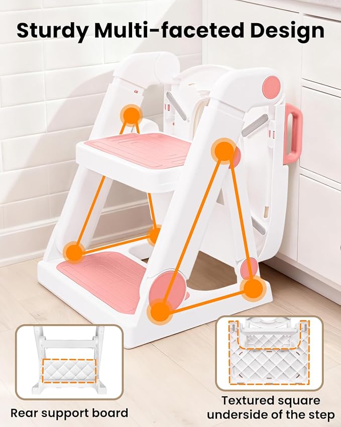 Potty Training Seat, Primlect Upgrade Toddler Toilet Seat for Kids Boys Girls, 2 in 1 Potty Training Toilet with Step Stool, Adjustable Seat, Non-Slip Pad, Splash Guard (Soft Pink)