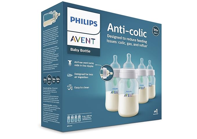 Philips Avent Anti-Colic Baby Bottle with AirFree Vent, 9oz, with Flow 2 Nipples, 1m+, 4 Count, Clear, SCY703/04 (Pack of 6)