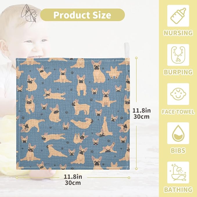 vvfelixl Baby Cotton Washcloths French Bulldog Pug Infants Bath Towel for Unisex Puppy Face Towels for Newborn, Natural Baby Wipes Delicate Skin, 11.8 X 11.8 inch, one sizex3