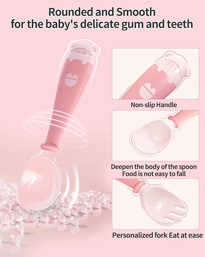 Deejoy Toddler Utensils, Self-feeding Flatware Set withTravel Case, Baby Spoons and Forks with Silicone Bendable Handle, Easy Grip Heat-Resistant, Ideal for Kids, Stage 2 Pink