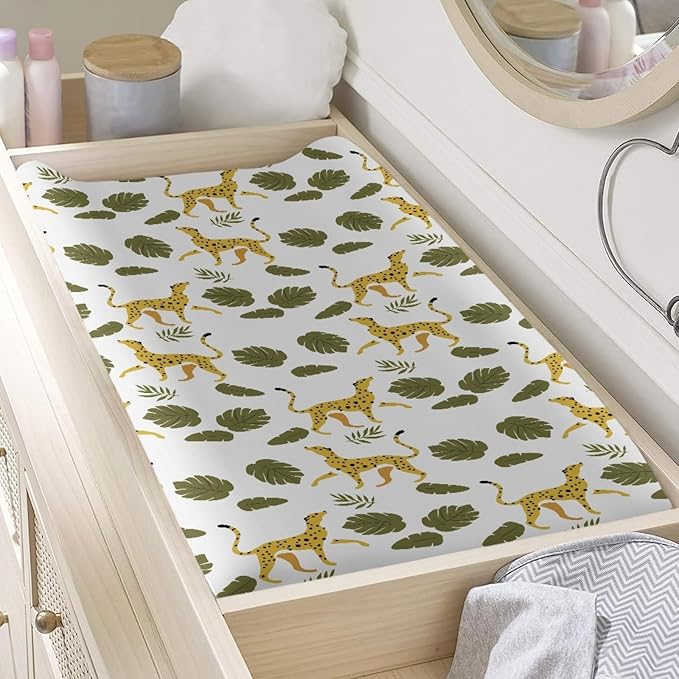 GOSTONG Leopard Leaves Print Baby Changing Pad Cover for Boys Girls Cozy Breathable & Washable Stretchy Fabric Diaper Table Cover Sheets, Fit 32x16 Inches Changing Mat