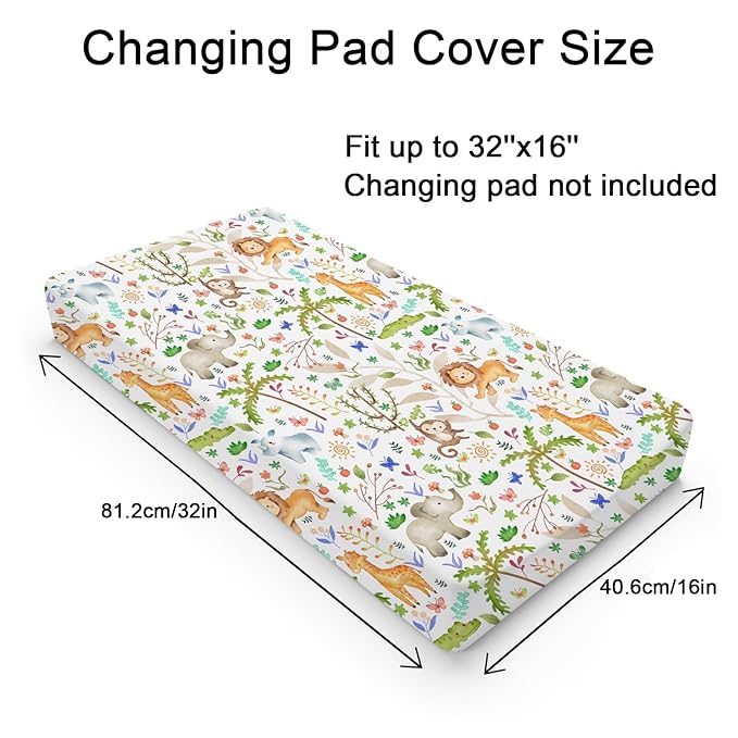 Safari Jungle Animals Trees Changing Pad Covers Lions Elephant Giraffe Monkey Hippo Sun Leaves Baby Diaper Change Table Sheets for Boy Girl Soft Breathable Stretch Fitted Changing Table Mats 32''x16''