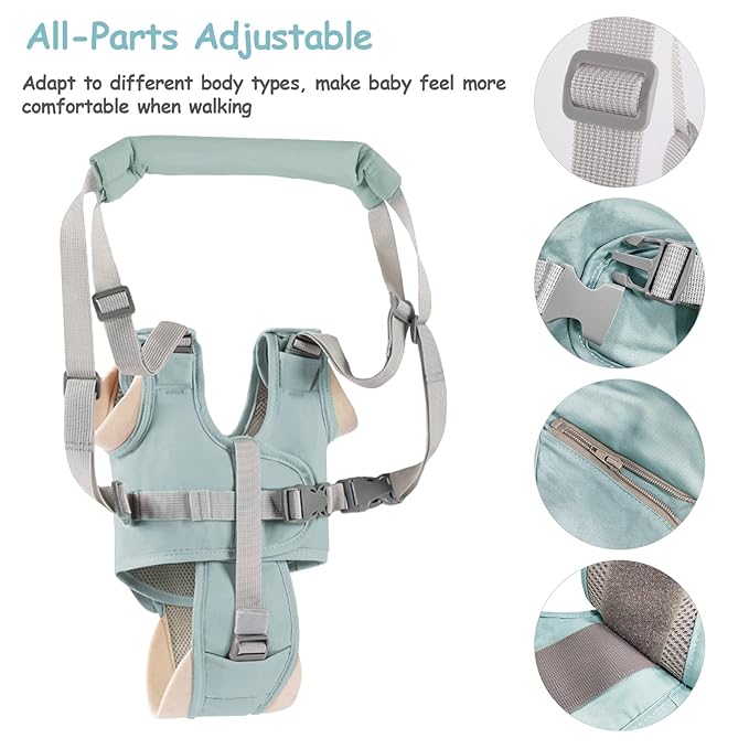 Baby Walking Harness Handheld Baby Walker Assistant Belt Adjustable Toddler Infant Walker Harnesses Standing and Walking Learning Helper with Detachable Crotch for 9-24 Month (Green)