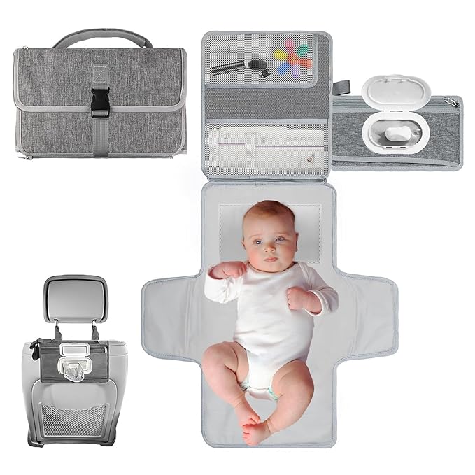 Portable Diaper Changing Pad for Baby - Waterproof Travel Changing Mat with Wipe Dispenser Pocket & Stroller Straps | Baby Registry Must Haves, Newborn Essentials & Baby Gift for Girls and Boys (Grey)