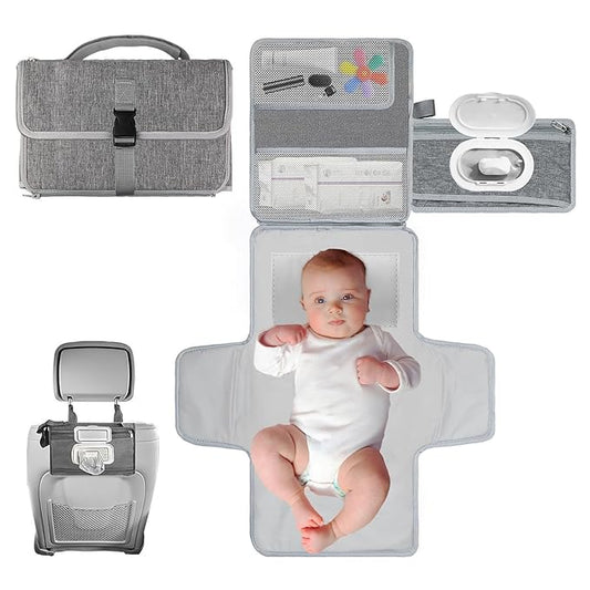 Portable Diaper Changing Pad for Baby - Waterproof Travel Changing Mat with Wipe Dispenser Pocket & Stroller Straps | Baby Registry Must Haves, Newborn Essentials & Baby Gift for Girls and Boys (Grey)