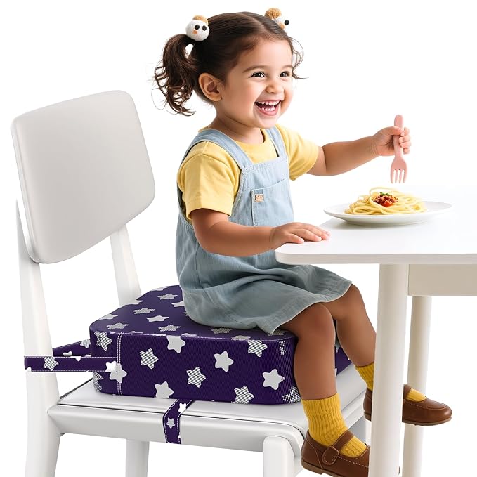 Toddler Booster Seat for Dining Table and Kitchen Chair – Adjustable Safety Straps, Non-Slip, Easy to Clean, Portable Travel Foam Booster Cushion Seat for Kids & Toddlers (Purple-Star)