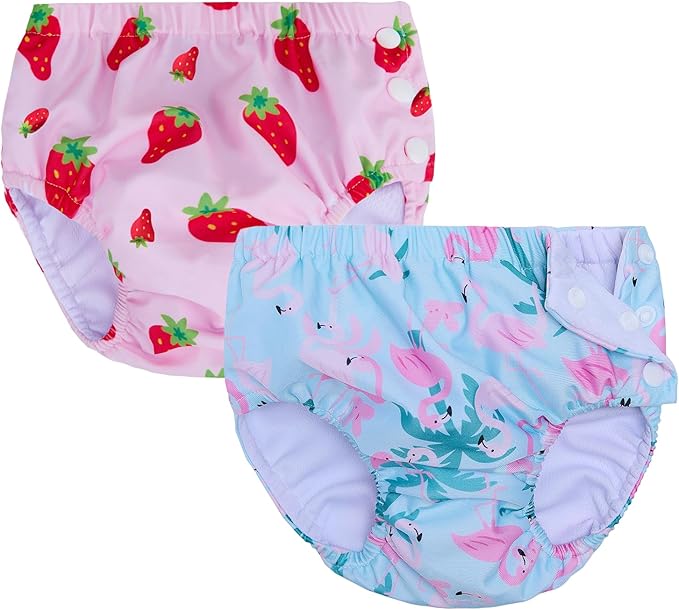 2 Pack Baby Newborn Reusable Swim Diapers Washable Toddler Unisex Swim Diaper Infant Swimming Diapers Pink Strawberry& Flamingo, 6-18 Months