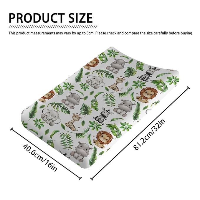 Tropical Jungle Safari Animals Leaves Changing Pad Covers Elephant Giraffe Zebra Lion Hippo Diaper Change Table Sheets for Girls Boys Soft Stretchy Snug Fitted Changing Mats Cover 32''x16''