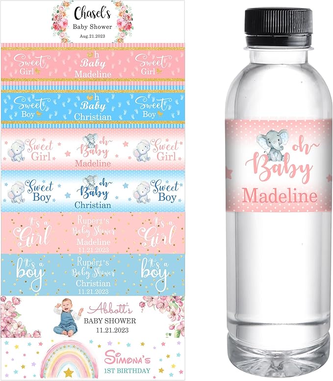 Personalized Water Bottle Labels for Baby Shower Custom Baby Shower Labels with Name for Water Bottle Stickers Waterproof Printable Photo Bottle Labels Gifts 50 Pcs