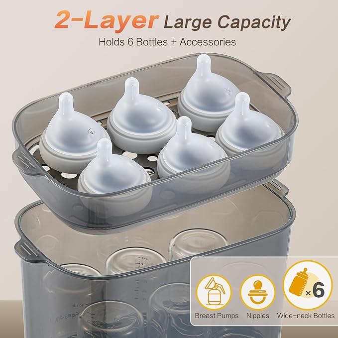 AMZBABYCHEF 4-in-1 Baby Bottle Steamer and Dryer, Electric Steamer with Fast Drying, Universal Fit for All Bottles, LED Touch Screen & Auto Shut-Off Protection (Grey)
