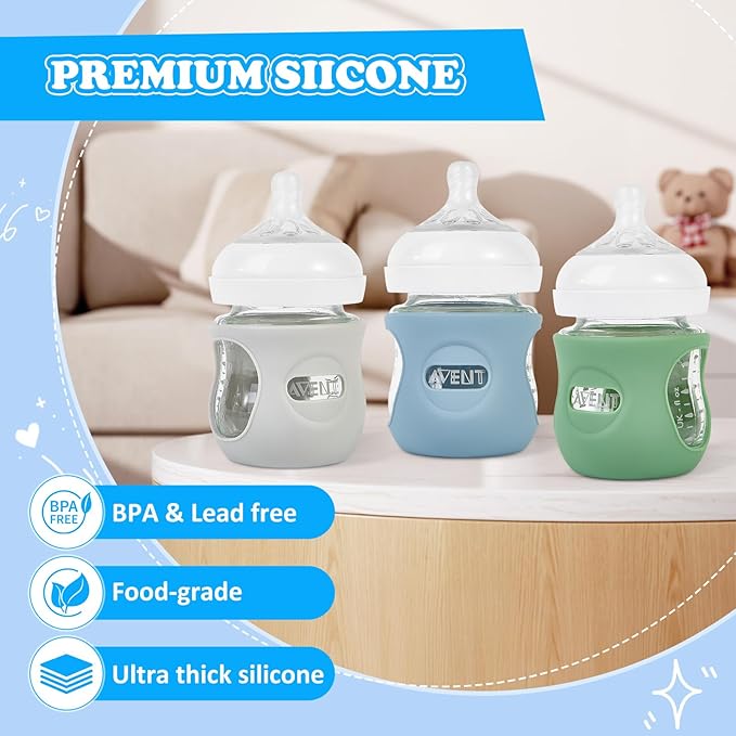 MINMUNJIU 3 Pack Silicone Sleeves for Philips Avent Natural Glass Baby Bottles, Anti Breakage Baby Bottle Holder for Baby Boys, Compatible with Philips Avent Glass Natural Baby Bottle, 4oz