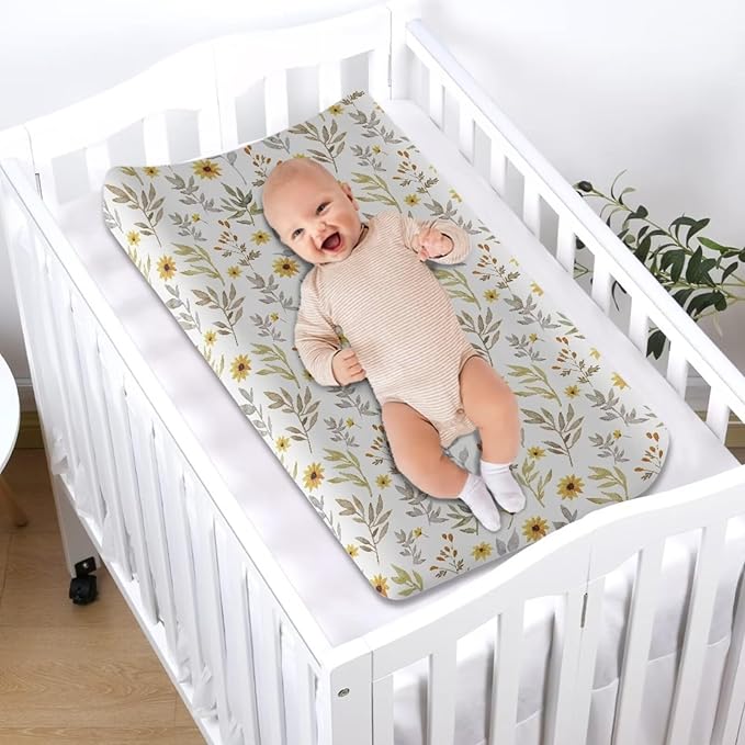 Microfiber Diaper Changing Table Sheets for Infants and Toddles Sunflower Green Leaves Baby Changing Pad Cover Soft Breathable