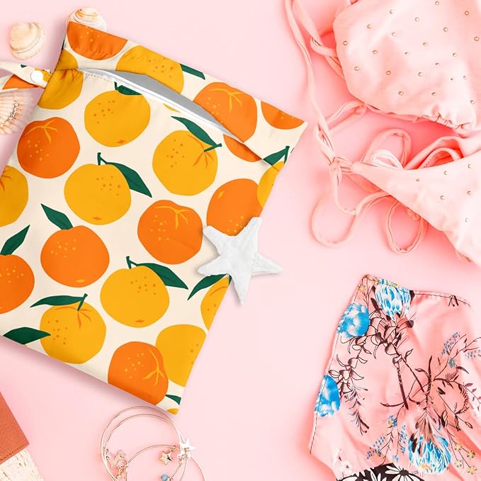 Wet Bag, Wet Dry Bag, Wet Bag for Swimsuit, Travel, Beach, Pool, Diapers, Dirty Yoga Gym Clothes, Makeup Bag, Waterproof Reusable Fruit Decor Orange Strawberry
