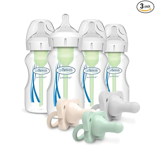 Dr. Brown’s Natural Flow® Anti-Colic Options+™ Wide-Neck Baby Bottle, 9 oz/270, Level 1 Nipple, 4-Pack, 0m+ with HappyPaci 100% Silicone Pacifier 0-6m, BPA Free, Cool Gray, Green, Ecru, 3 Pack