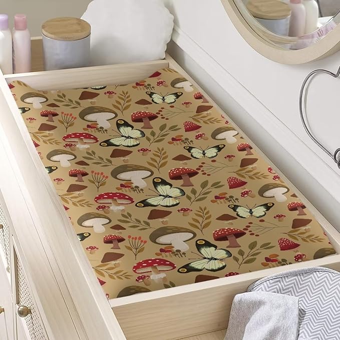 Mushroom Baby Changing Pad Covers Butterfly Stretchy Diaper Change Table Pad Cover for Girls Boys Breathable Nursery Changing Table Sheets Cover
