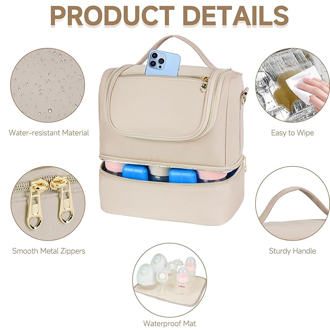 Wearable Pump Bag with Cooler Compartment Fits for Willow/Eufy/Elvie/Momcozy M5/S12 Pro/Medela, Breast Milk Travel Tote Bag with Ice Pack & Waterproof Mat,Apricot