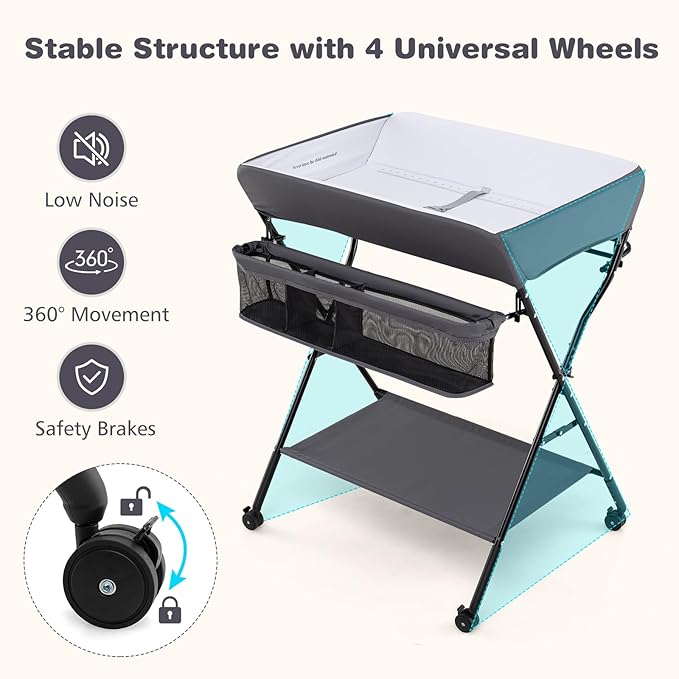 INFANS Baby Changing Table with Wheels, Portable Folding Diaper Station Nursery Organizer with Storage Basket, Hanging Rack, Adjustable Height, Safety Belt for Newborn Infant (Gray)