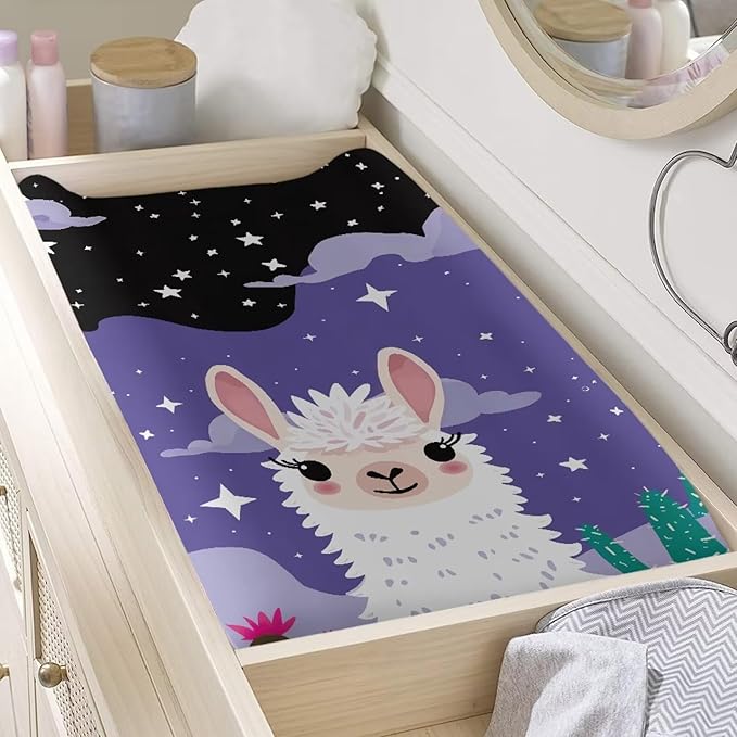 ZDCUSTOM Cartoon Alpaca Pattern Diaper Changing Table Cover Comfy Cozy Cradle Sheets Soft Changing Mat Cover Changing Table Sheet Fits 32”x16 Changing Mats Covers