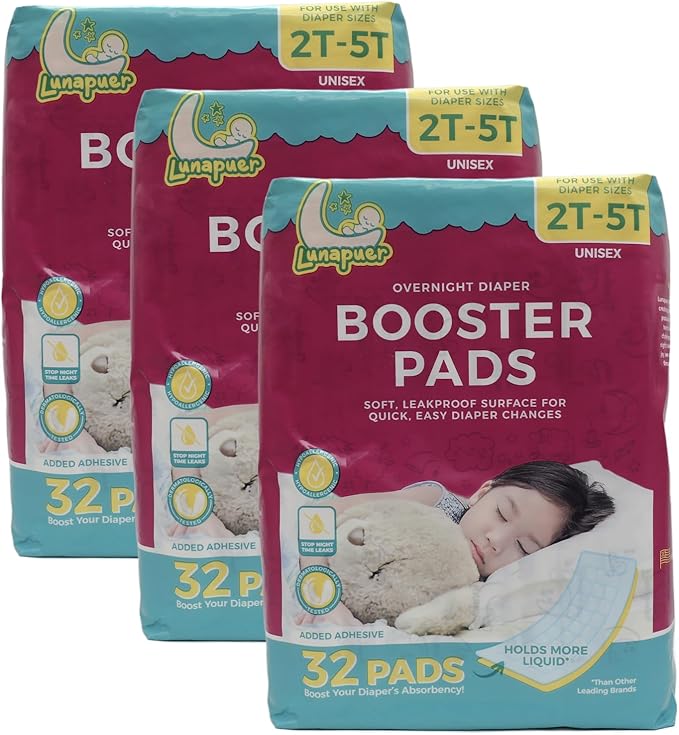 Diaper Booster Pads Overnight, Stop Leaks Nighttime, Overnight Diaper Liners for Baby, Toddler, Boys & Girls, Adhesive Diaper Inserts, Size 5 Diapers and up, 96 ct (3 Packs)