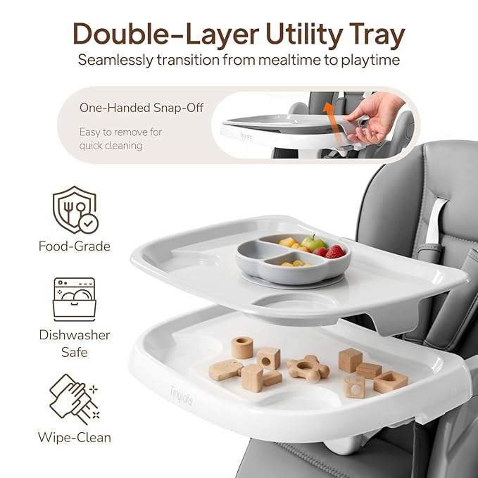 Tinyiota 4 in 1 High Chairs for Babies and Toddlers with Wheels, 8-Height Adjustable & 3-Position Recline, Easy Clean, Dishwasher Removable Tray, Foldable HighChair for Infant, Meets ASTM Safety, Grey