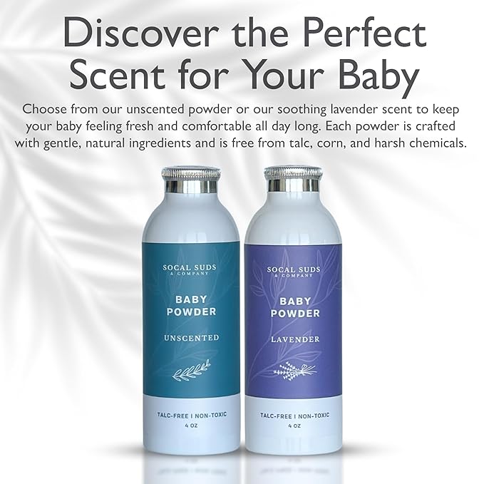 SoCal Suds & Company - Natural Baby Powder Talc-Free - Newborn Essentials with Arrowroot Powder, Kaolin, Aspen Bark Extract for Soft Soothing Protected Skin - Gentle Absorption - Lavender, 4oz
