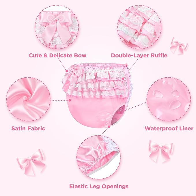 Littleforbig Washable Reusable Waterproof Ruffled Lace Bow Pretty in Pink Satin Over Adult Diaper Cover M
