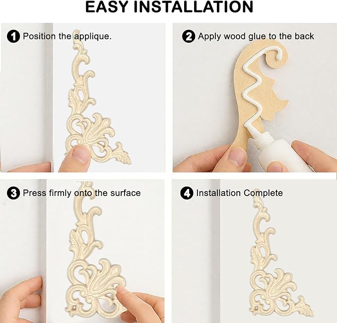4Pack Wood Appliques and Onlays Decorative Wooden Applique Carved Onlay, 7.8×3.9 inch Corner DIY Carving Decal Trim for Furniture Cabinet Bed Door Wardrobe Closet Mirror Photo Frame Decoration
