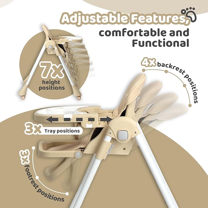JOYMOR Foldable Baby High Chair, 4 in 1 Convertible Highchair for Eating, Height Adjustble and Multiple Seat Position, Compact Foldable Design for Easy Storage (Beige)
