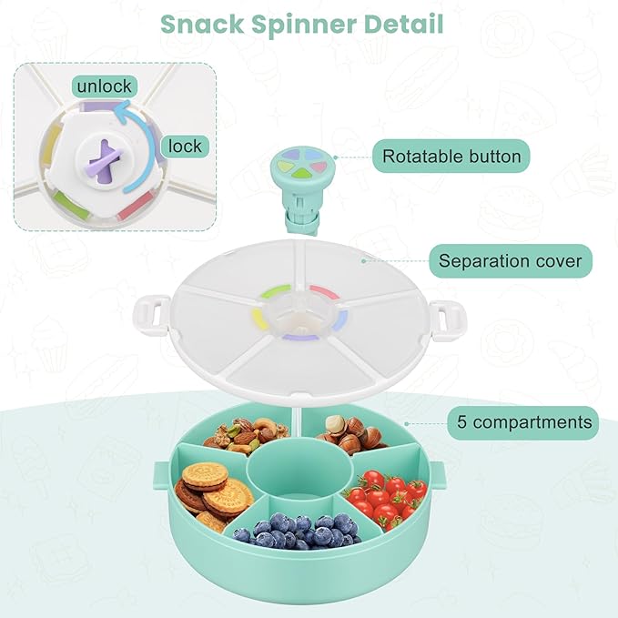 Pawtong Snack Rotator Container Reusable Snack Box with 5 Compartment Dispenser and Lid, Color Matching Opening Lid, BPA and PVC Free, for Home, School, Travel (2 Pack- Green)