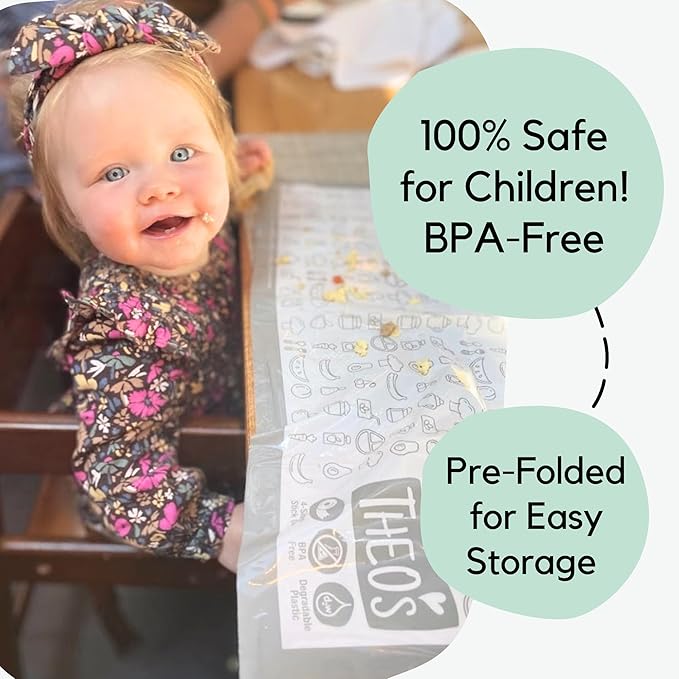 THEO'S 50 Pack Stick on Disposable Table Mats for Kids & Baby Led Weaning | Large 12" x 18" Restaurant Placemats in Re-usable Travel Pouch