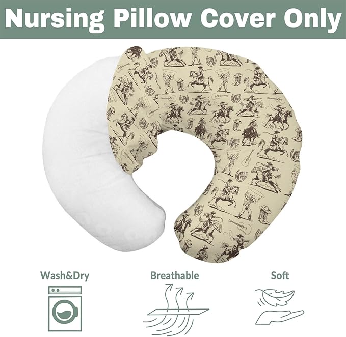 Vintage Cowboy Baby Nursing Pillow Covers for Boy Girl Western Horses Boots Hats Nursing Pillow Slipcovers for Breastfeeding Pillows Country Western Soft Stretchy Removable Covers for Newborn Infant