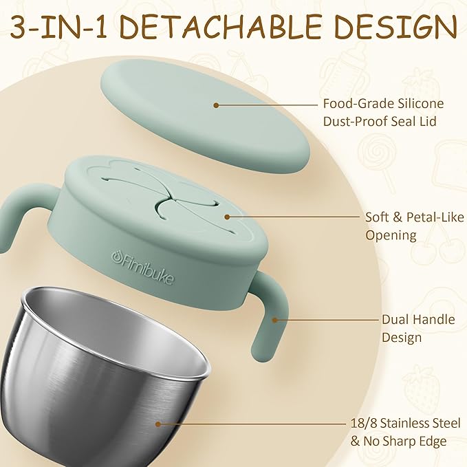 Fimibuke Snack Containers for Toddlers Kids, 12 OZ Spill Proof Stainless Steel Baby Snack Cups with Removable Silicone Food Catcher, Handles & Travel Lid BPA-Free Dishwasher Safe Food Container 2 Pack