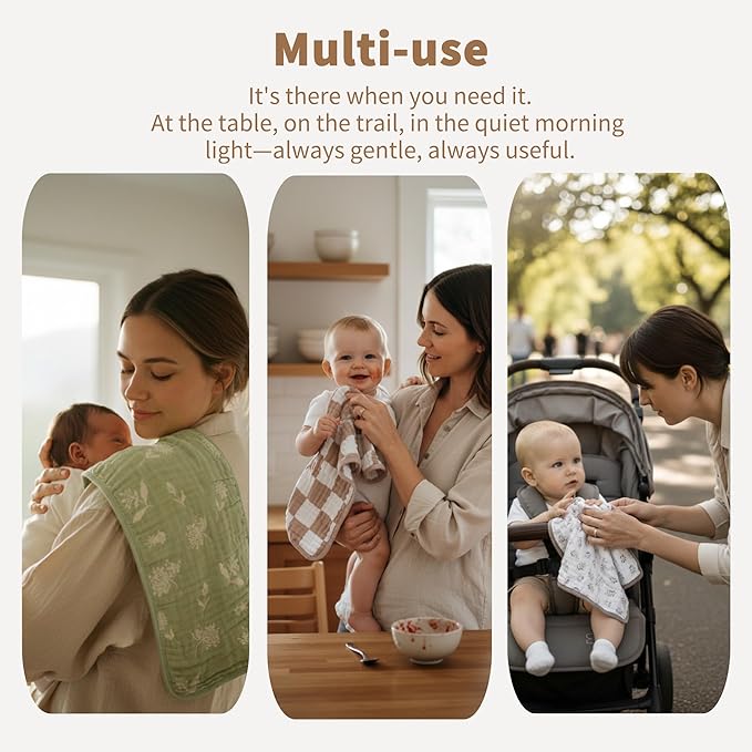 6-Pack Muslin Baby Burp Cloths Made with Organic Cotton – 6-Layer Absorbent & Gentle for Newborn Feeding, Burping – Ultra-Soft, 20x10 Inch Set in Natural Sage