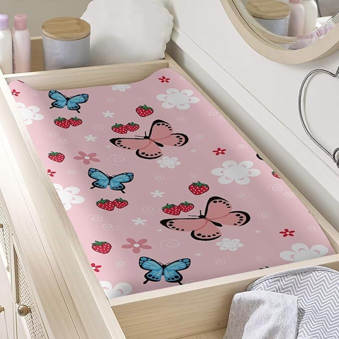 Butterfly Floral Changing Pad Cover Waterproof Soft Universal Tray Table Mat Durable Breathable Nursery Pad Change Cover Stretchy Changing Table Cover Infant