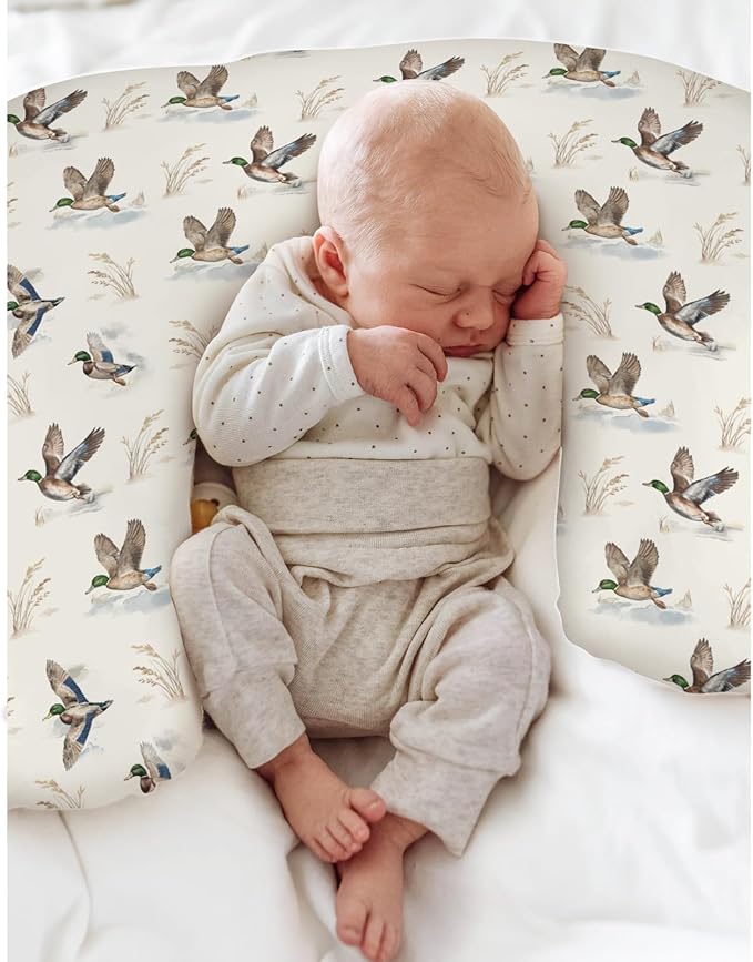 Wild Ducks Mallards Baby Nursing Pillow Covers for Boy Girl Vintage Duck Hunting Nursing Pillow Slipcovers for Breastfeeding Pillows Retro Duck Leaves Pond Soft Stretchy Covers for Newborn Infant