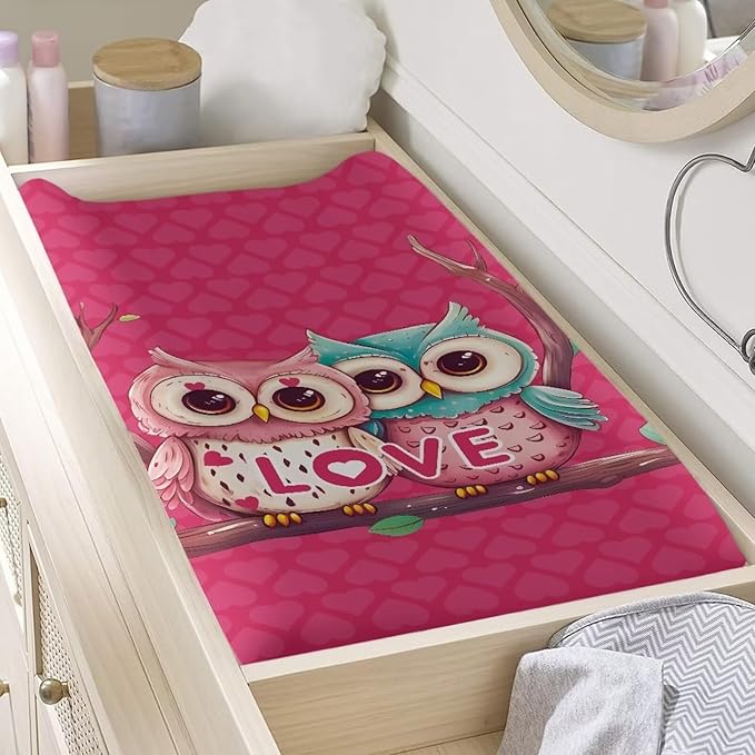 Owl Valentine Changing Pad Cover Waterproof Diaper Changing Cover Durable Breathable Sheet Crib Mat Lightweight Soft Universal Tray Table Mat