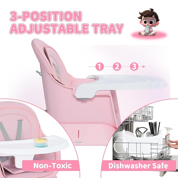 Kinder King 8 in 1 Baby High Chair, Coverts to Dining Booster Seat/Kids Table & Chair Set/Toddler Building Block Table/Kids Stool, Removable Tray & Double Seat Cover, Easy to Wipe, Pink & White
