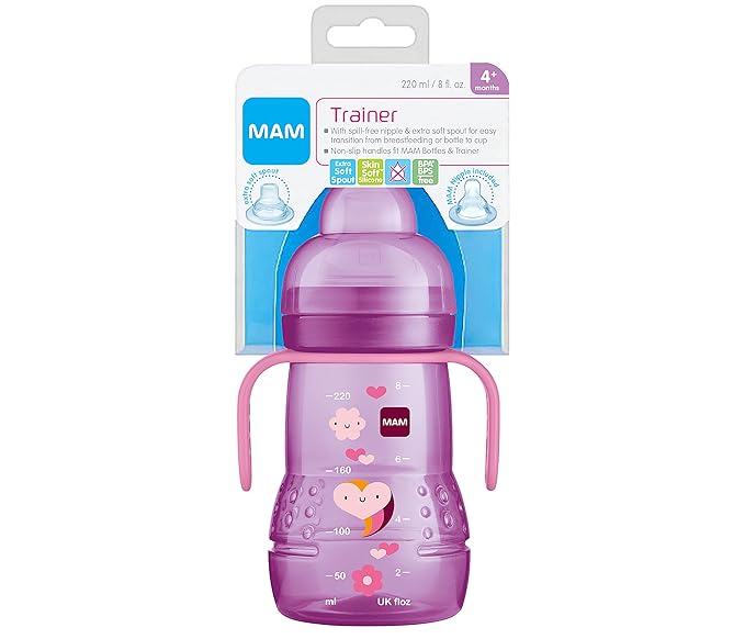 9 oz MAM Anti-Colic Bottle 4 Pack with Bonus Nipple & 8 oz MAM Trainer Cup with Extra-Soft Spout for Girls