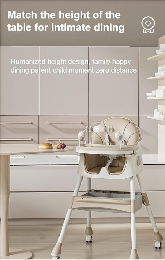 PU Leather Baby High Chair with Rocking Mode for Babies and Toddlers, Foldable Baby Eating Chair with Adjustable Backrests and Heights, Convertible Highchairs with Wheels (Khaki)