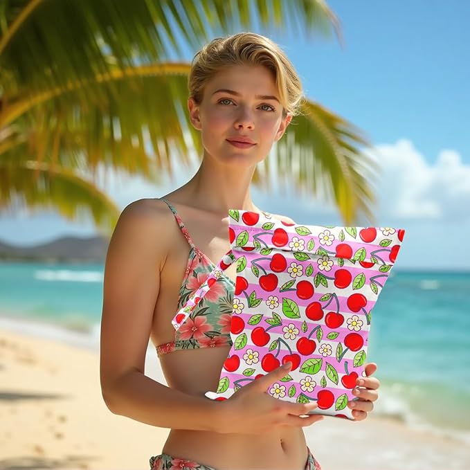 Wet Bag, Wet Dry Bag, Waterproof Swim Bags, Machine Washable Reusable Bags for Beach, Pool, Diapers, and Dirty Yoga Gym Clothes(Cherry Blossoms and Cherries, Stripe Pattern