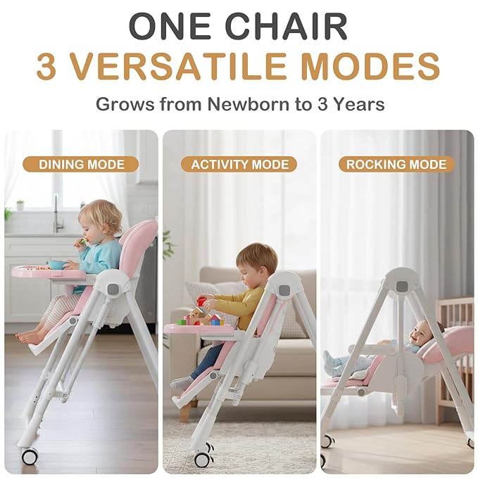 3-in-1 High Chairs for Babies and Toddlers, Foldable Baby High Chair with Rocking Mode, 5 Height Levels, Adjustable Backrest & Footrest, Lockable Wheels (Pink)