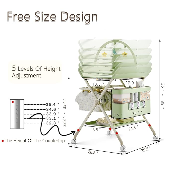 Changing Table, Portable Baby Changing Table with Wheels, Upgraded Foldable Diaper Changing Station with 5-Level Adjustable Height & Large Nursery Organizer Storage for Newborn Infant (Green)