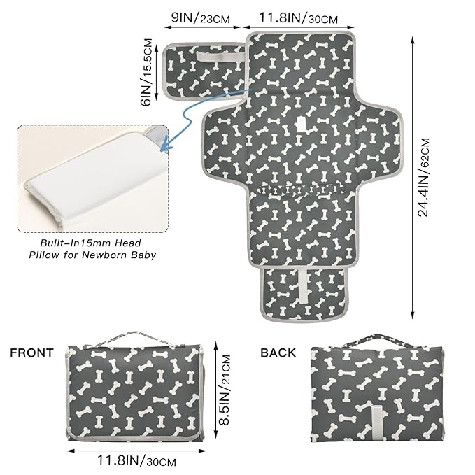 Dog Bone Themed Portable Diaper Changing Pad with Wipes Holder, Black and White Foldable Baby Diaper Changer Travel Bag Doodle Food Bones Baby Changing Mat with Built-in Pillow for Newborn