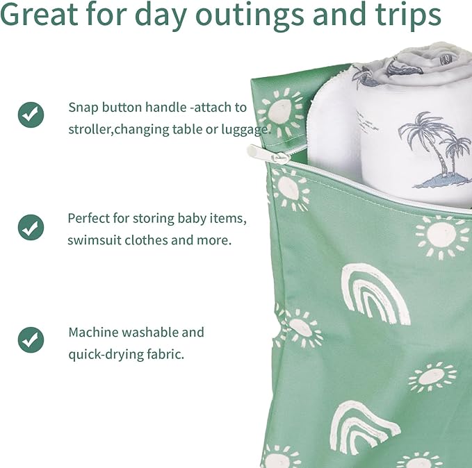 2 Pcs Wet Bags Waterproof Reusable Zippered Pocket Cloth Diaper Wet Dry Bags for Travel Beach Pool Swim, Baby Diapers,Gym Yoga Wet Clothes,Swimsuit,water wipes(Rainbow Green)