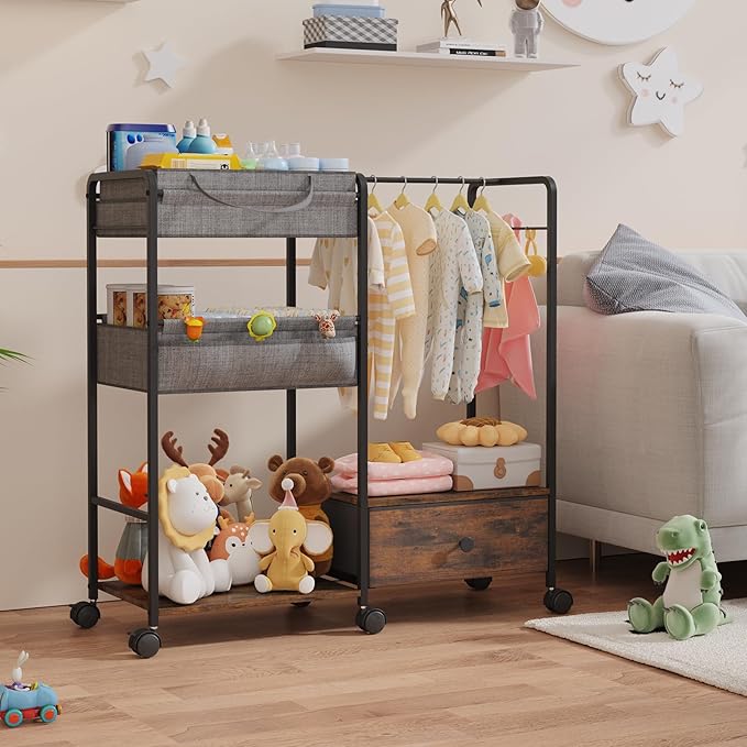 BBLIKE 3in1 Diaper Caddy Organizer - Diaper Caddy & Rolling Diaper Cart with Kids Clothing Rack for Nursery and Baby Essentials, Multi-Function Utility Cart for Bedroom and Bathroom, Black&Brown