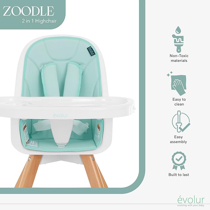 évolur Zoodle 3-in-1 High Chair in Mint | Convertible Wooden Baby Feeding Chair with Dishwasher Safe Removable Tray, Adjustable Footrest, Padded Cushion, 5-Point Harness for Infants & Toddlers