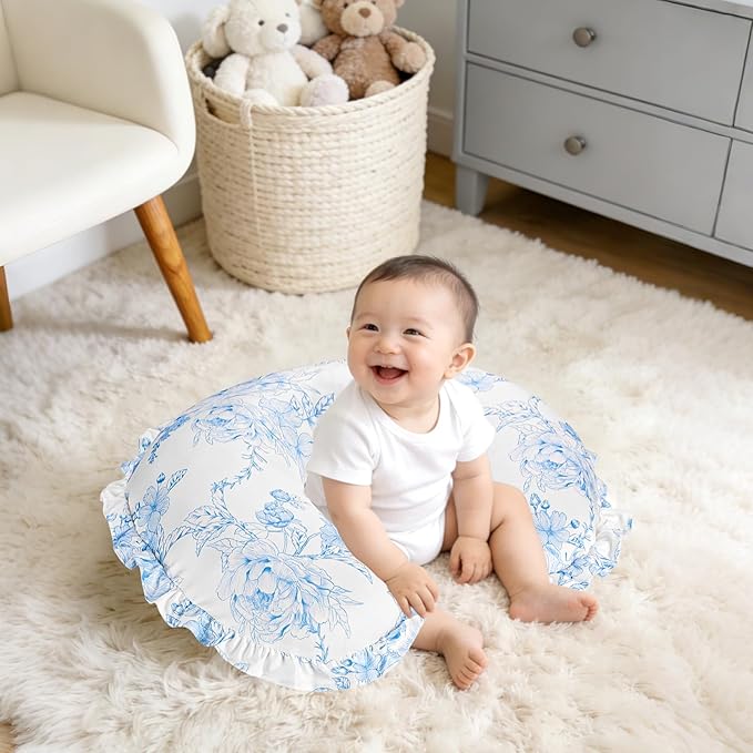 DILIMI Nursing Pillow Cover, Removable Ruffled Pillowcase for Breastfeeding Pillows, Ultra Soft Comfortable Slipcover for Baby Girl and Boy, Blue Floral